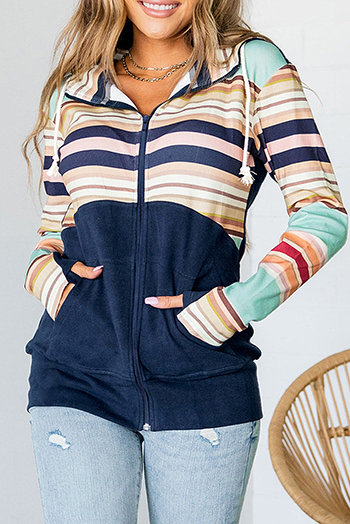 Blue Striped Color Block Thumbhole Sleeve Full Zip Hoodie