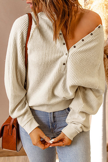 Beige Snap Button V Neck Waffle Knit Top