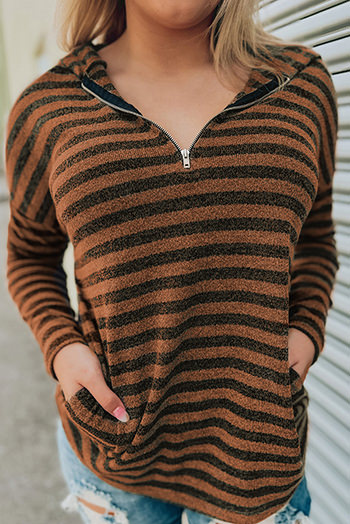 Brown Striped Knit Quarter Zip Hoodie