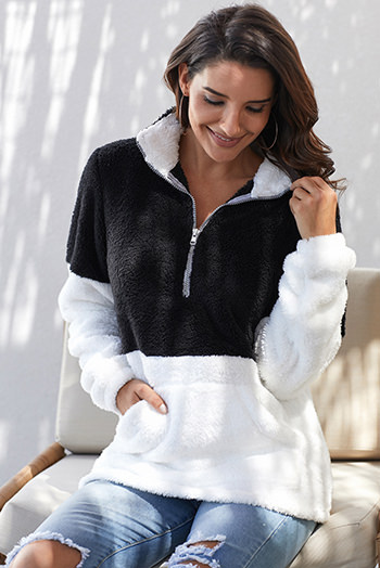 Black White Zip Neck Oversize Fluffy Fleece Pullover