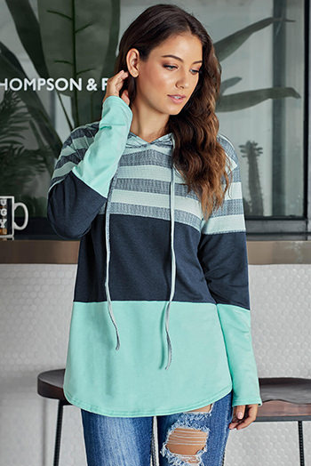 Green Color Block Drawstring Hoodie