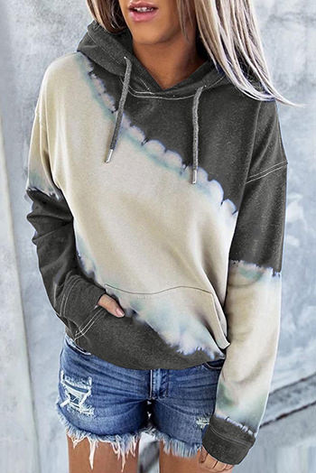 Gray Hooded Tie Dye Print Pocket Casual Sweatshirt