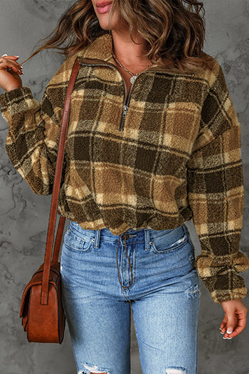 Brown Zip Collar Plaid Pattern Fleece Sweatshirt