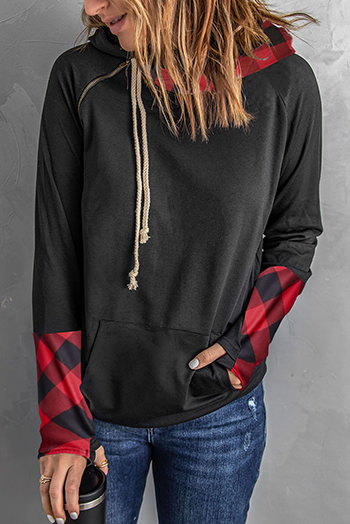 Red Plaid Double Hoods Thumb Hole Hoodie