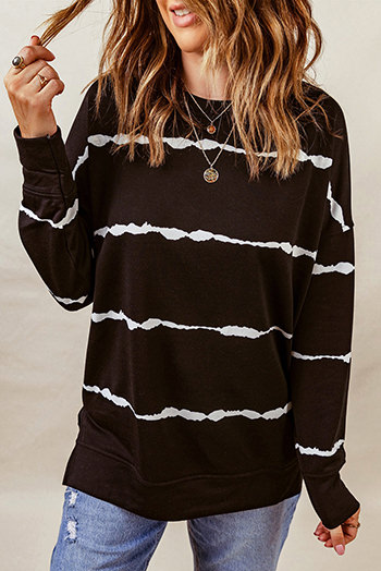 Black Striped Abstract Long Sleeve Casual Sweatshirt