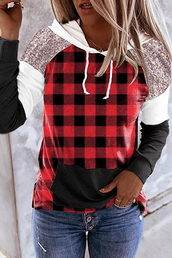 Red Sequined Splicing Plaid Kangaroo Pocket Hoodie