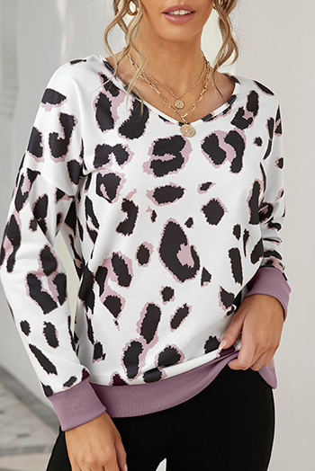 V Neck Leopard Print Dropped Long Sleeve Sweatshirt