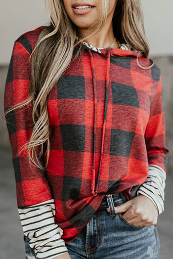 Red Christmas Plaid Striped Patchwork Drawstring Hoodie