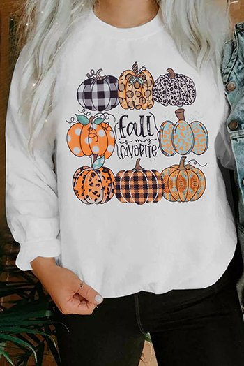 White Plaid Leopard Polka Dot Pumpkin Print Pullover Sweatshirt