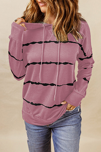 Pink Tie Dye Striped Drawstring Hoodie with Side Split Tops