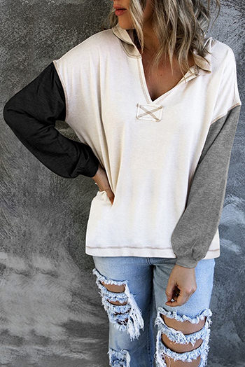 Gray Colorblock V Neck Long Sleeve Hoodie