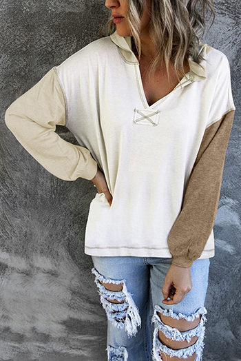 Khaki Colorblock V Neck Long Sleeve Hoodie