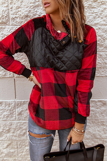 Red Long Sleeve Plaid Paneled Sweatshirt