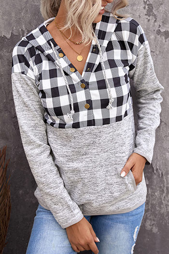 Black Plaid Splicing Pocketed Hoodie