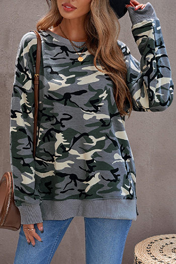 Green Camouflage Pullover Sweatshirt with Slits