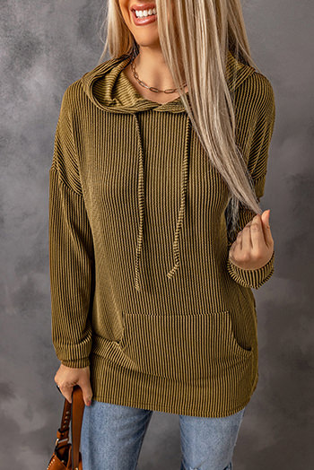 Green Ribbed Drawstring Pullover Hoodie with Kangaroo Pocket