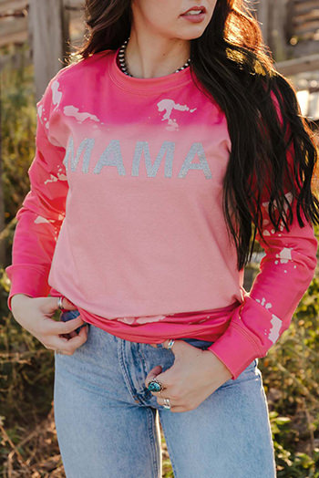 Pink Mama Rhinestone Letter Graphic Tie Dye Pullover