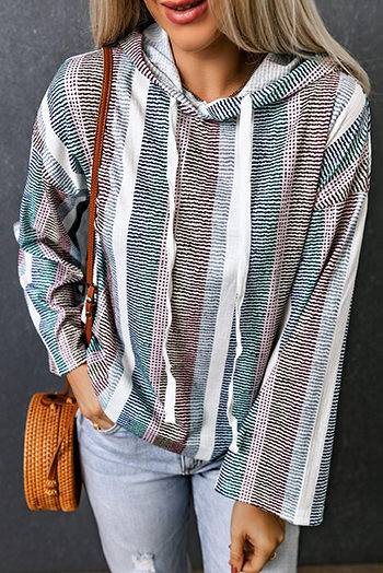 Multicolor Striped Drop Shoulder Textured Knit Hoodie