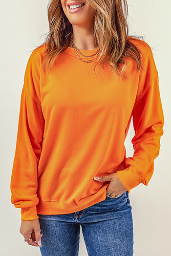 Orange Plain Crew Neck Pullover Sweatshirt