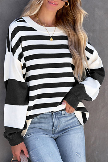 Black Stripe Drop Shoulder Striped Pullover Sweatshirt