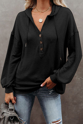 Black Buttoned High and Low Hem Hoodie