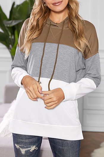 Khaki Drawstring Color Block Stripe Casual Hoodie