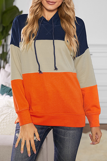 Orange Drawstring Color Block Stripe Casual Hoodie