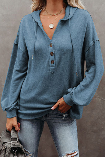 Sky Blue Buttoned High and Low Hem Hoodie