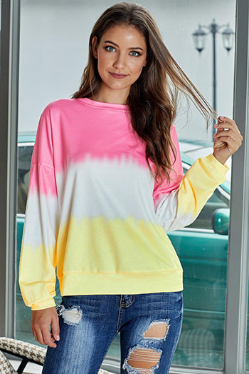 Pink Color Block Tie Dye Pullover Sweatshirt