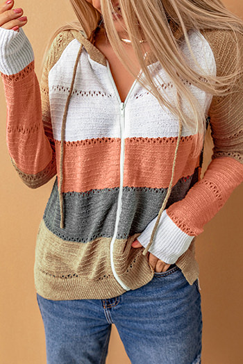 Multicolor Zipped Front Colorblock Hollow Out Knit Hoodie