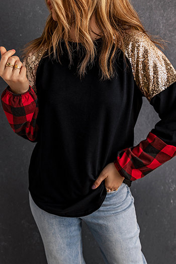 Crewneck Lantern Sleeve Plaid Sequin Splicing Pullover Sweatshirt