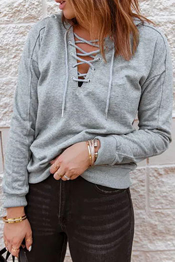 Grey Casual Solid Color Lace Up Hoodie