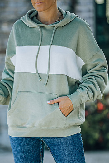 Green Contrast Wide Band Front Drawstring Hoodie