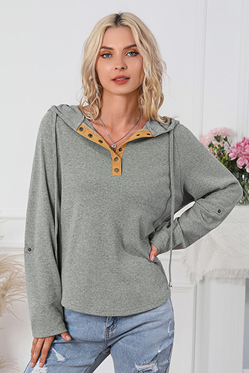 Gray Quarter Buttoned Drawstring Pullover Hoodie