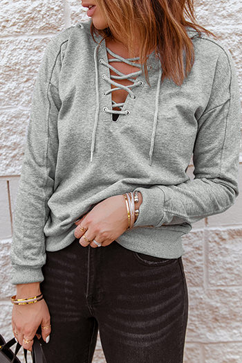 Grey Casual Solid Color Lace Up Hoodie