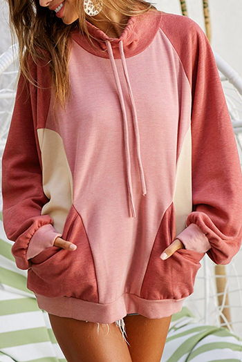 Pink Drawstring Pullover Pocketed Colorblock Sweatshirt