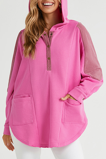 Rose Patchwork Side Pockets Oversized Henley Hoodie