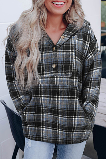 Black Plaid Button Neck Pocketed Pullover Hoodie