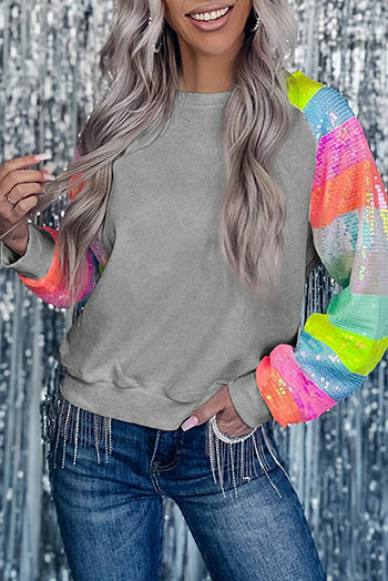 Gray Sequin Color Block Raglan Sleeve Pullover Sweatshirt