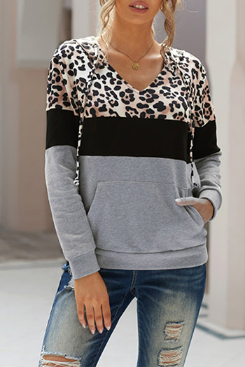 Gray Leopard Splicing Kangaroo Pocket Drawstring Hoodie