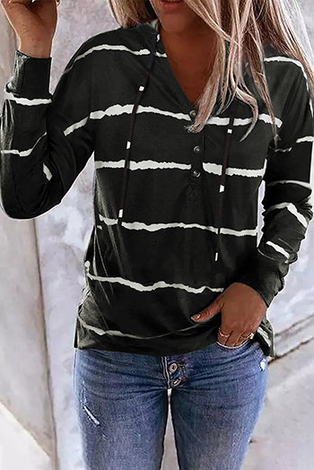 Black Striped Drawstring Button Long Sleeve Hoodie