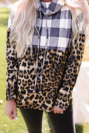 Leopard Plaid Patchwork Cowl Neck Sweatshirt