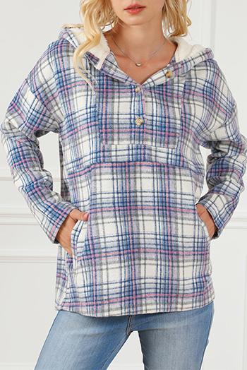 White Plaid Button Neck Pocketed Pullover Hoodie