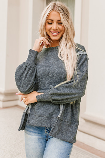 Gray Acid Wash Relaxed Fit Seamed Pullover Sweatshirt with Slits