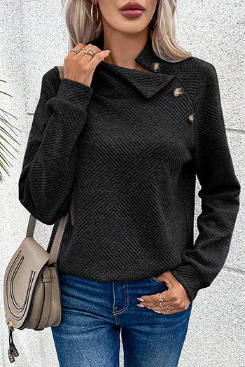 Black Asymmetric Buttons Detail High Neck Textured Sweatshirt