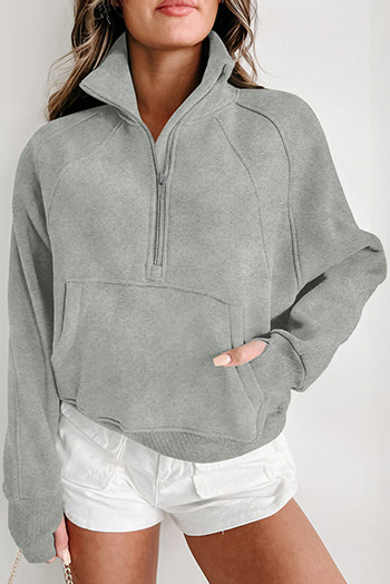 Gray Zip Up Stand Collar Ribbed Thumbhole Sleeve Sweatshirt