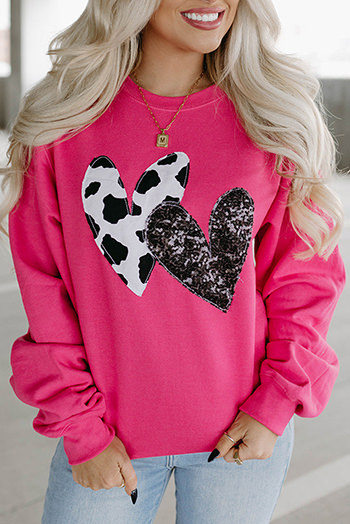 Strawberry Pink Cow and Sequin Double Heart Patch Graphic Sweatshirt