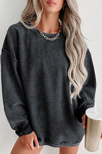 Black Solid Ribbed Knit Round Neck Pullover Sweatshirt