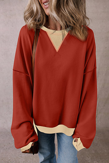 Red Clay Color Block Patch Drop Shoulder Oversized Sweatshirt