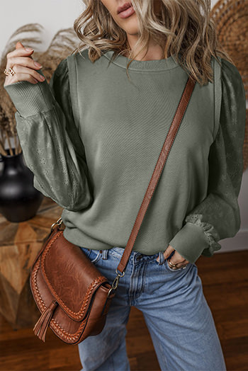 Grayish Green Textured Patchwork Round Neck Sweatshirt